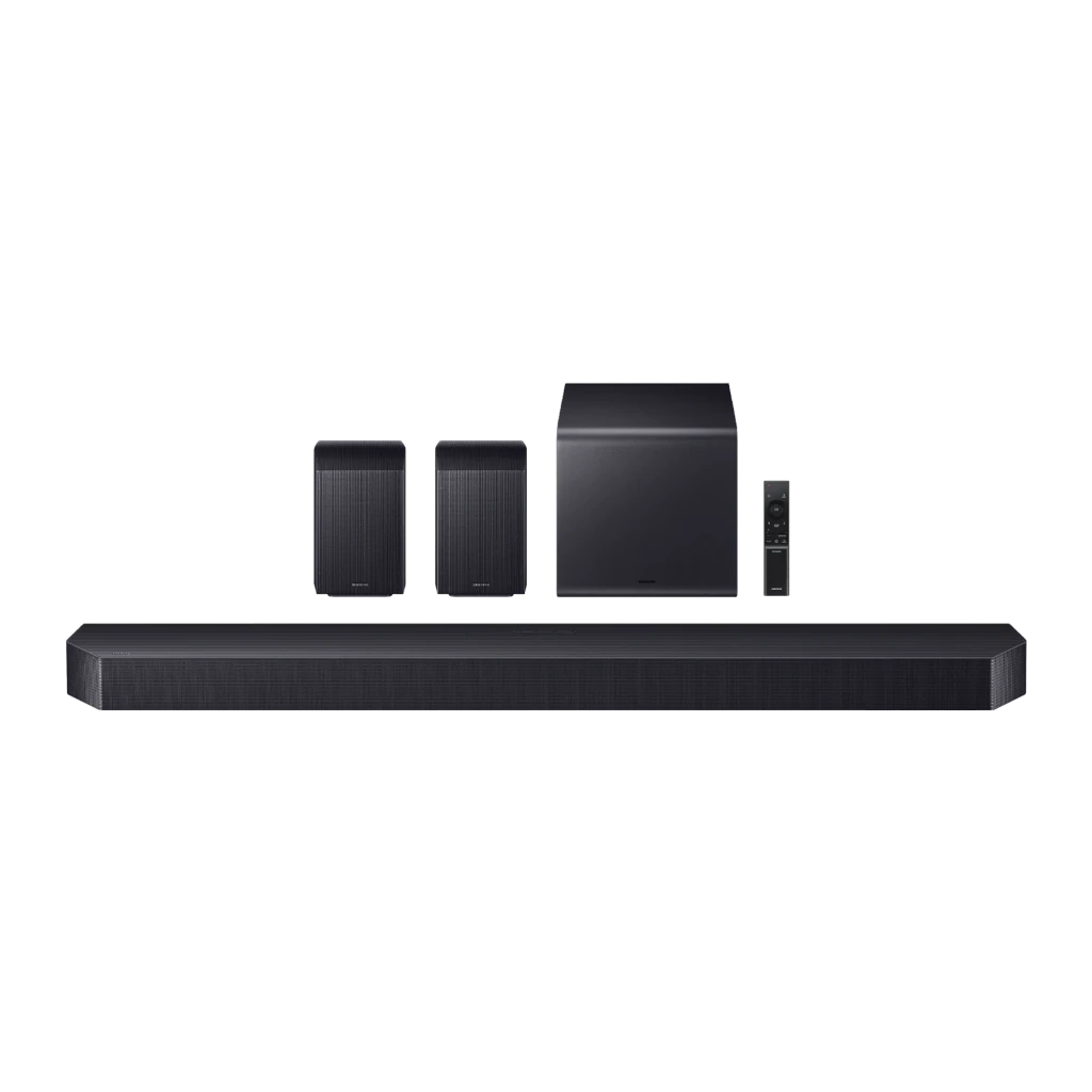 Samsung Barra de sonido HW-Q990F Dolby TrueHD negro, vista frontal: conjunto completo con subwoofer, altavoces traseros y