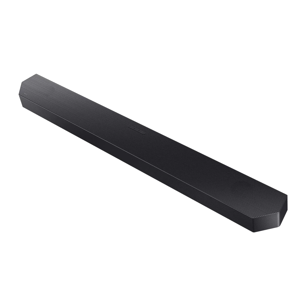 Samsung Barra de sonido HW-Q990F Titan Negro, vista diagonal: superficie texturizada con rejilla acanalada y perfil biselado