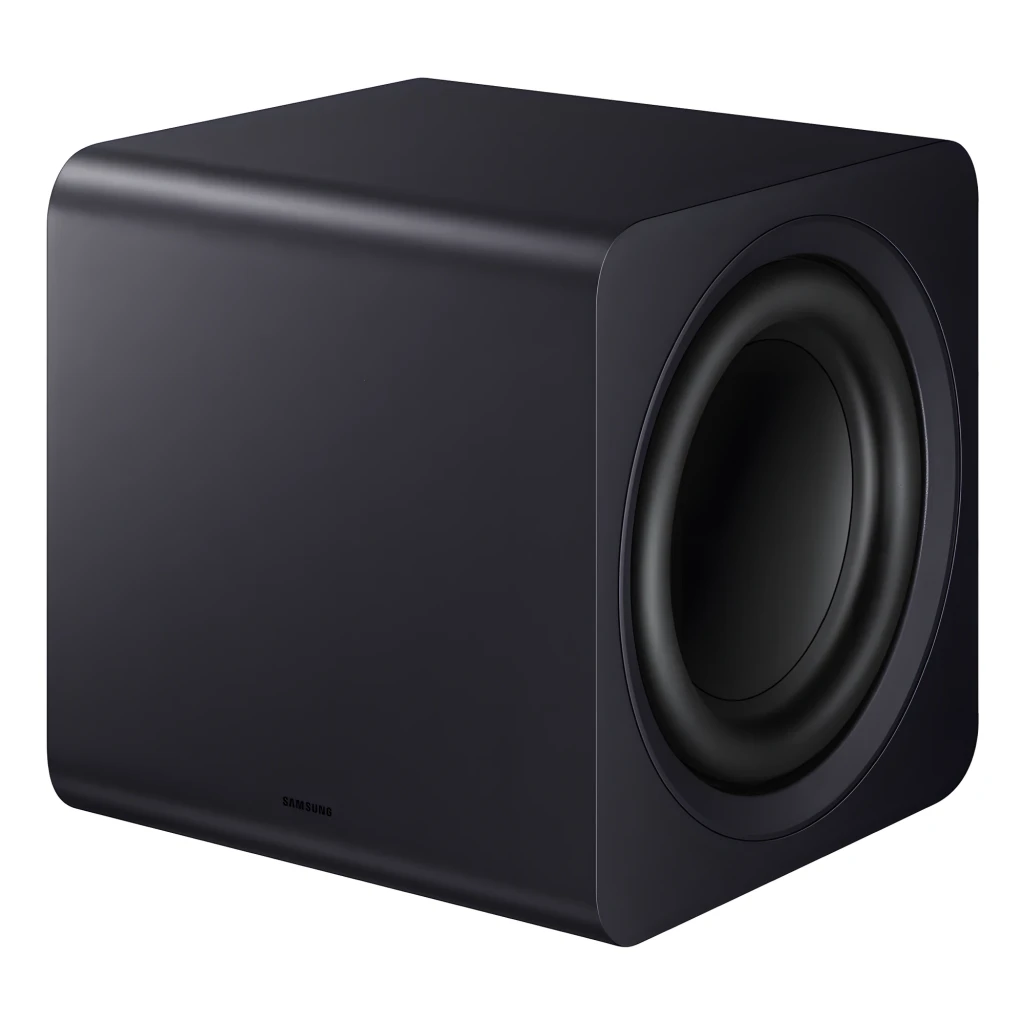Samsung Barra de sonido HW-Q990F Dolby TrueHD negro, subwoofer en ángulo: caja cúbica mate con woofer circular frontal