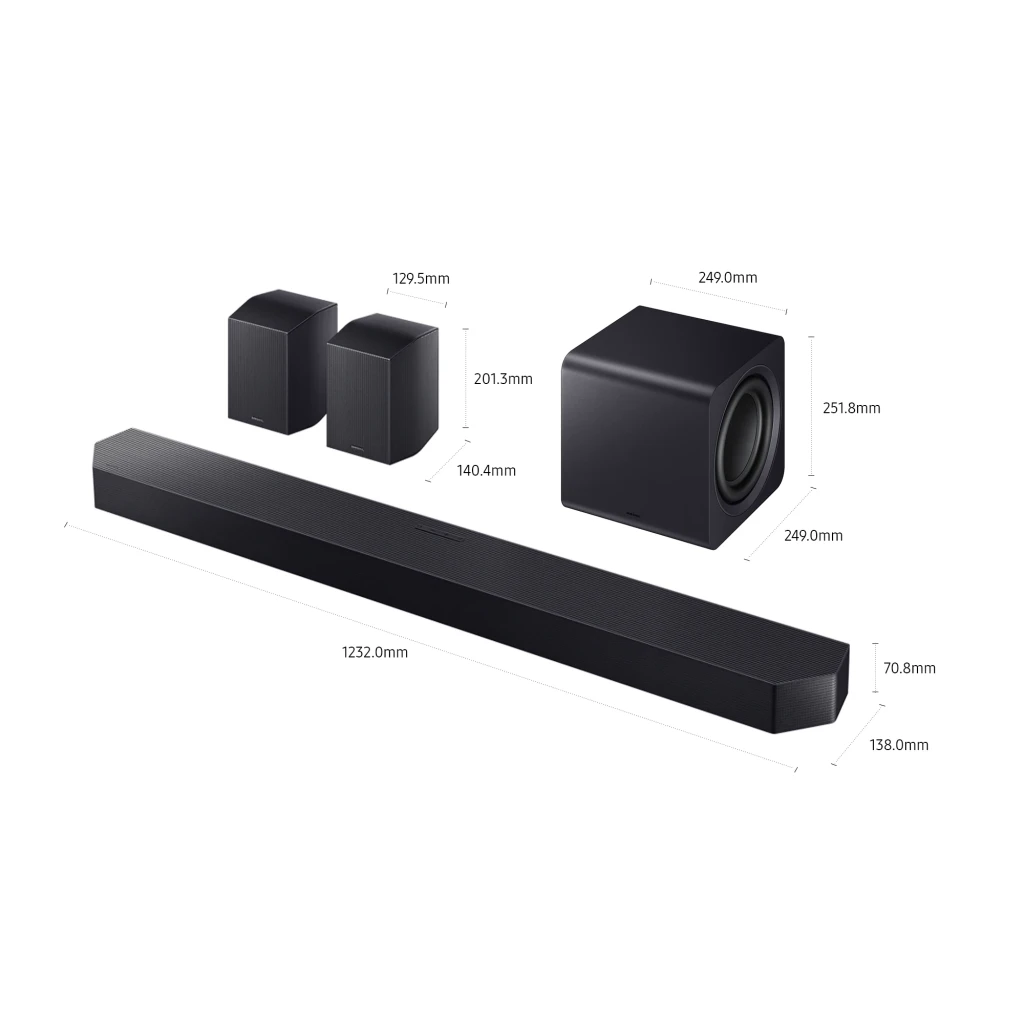 Samsung Barra de sonido HW-Q990F Titan Negro, dimensiones: barra 1232mm, subwoofer 249x251mm y altavoces traseros con medidas