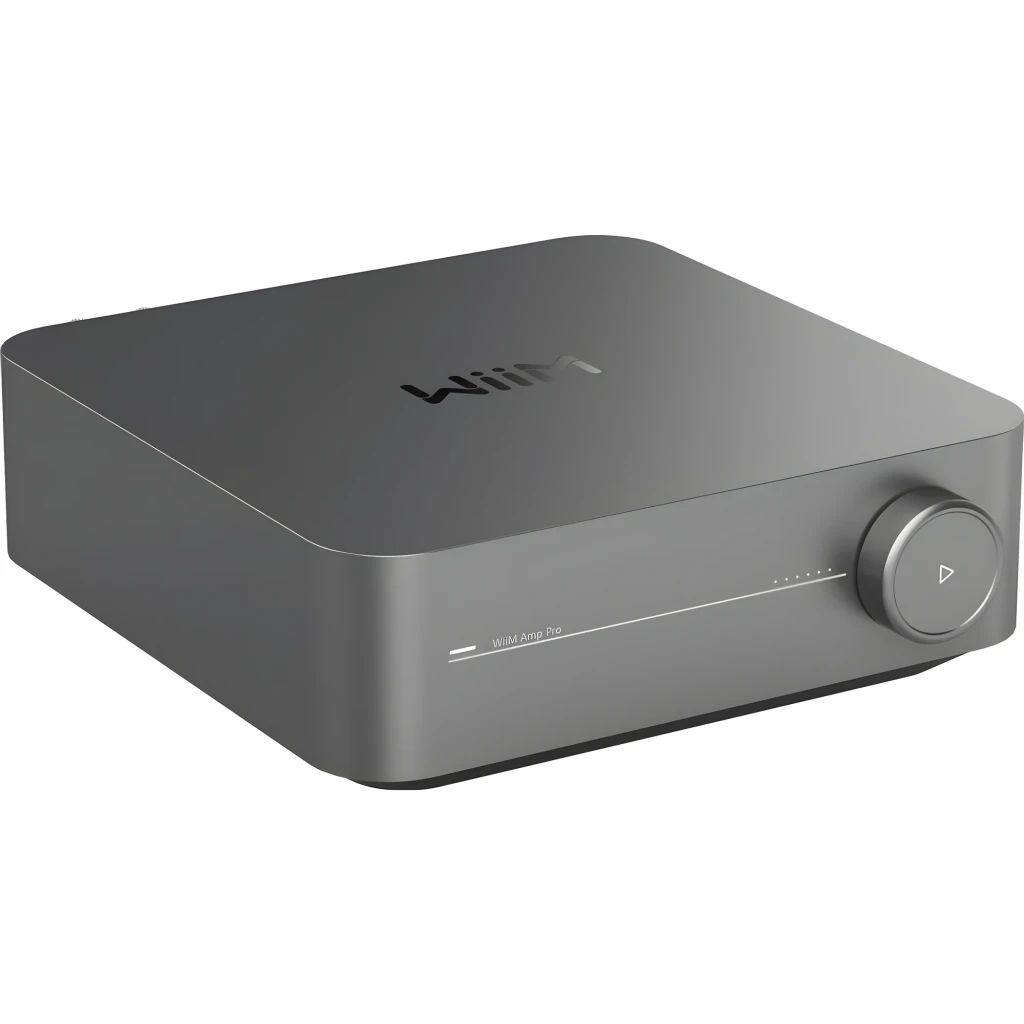 WiiM Amp Pro Multiroom Streaming Gris, vista frontal-lateral: carcasa metálica, logo superior y mando giratorio con flecha