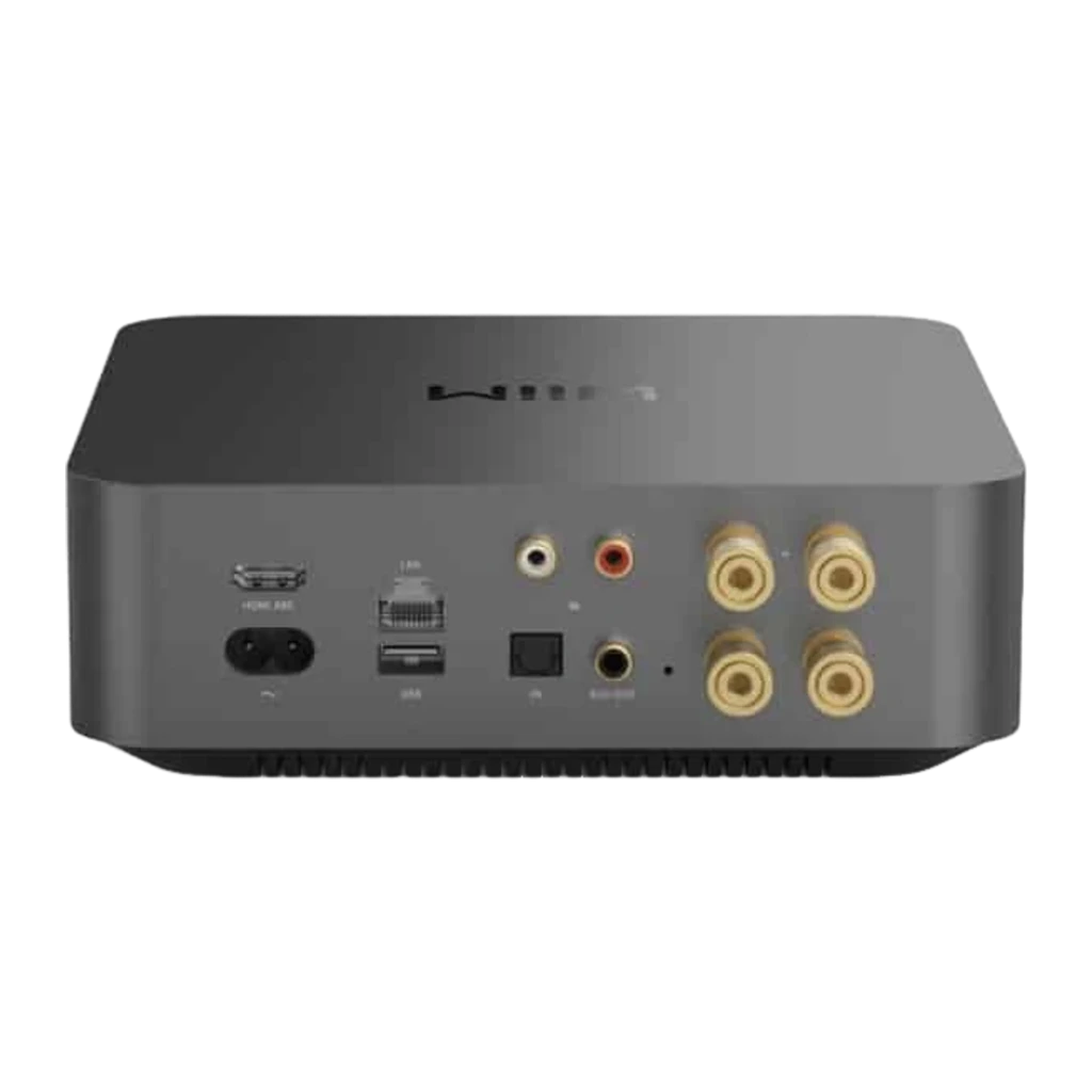 WiiM Amp Pro Multiroom Streaming Gris, vista trasera: panel de conexiones con HDMI ARC, LAN, USB, óptico, RCA y bornes de