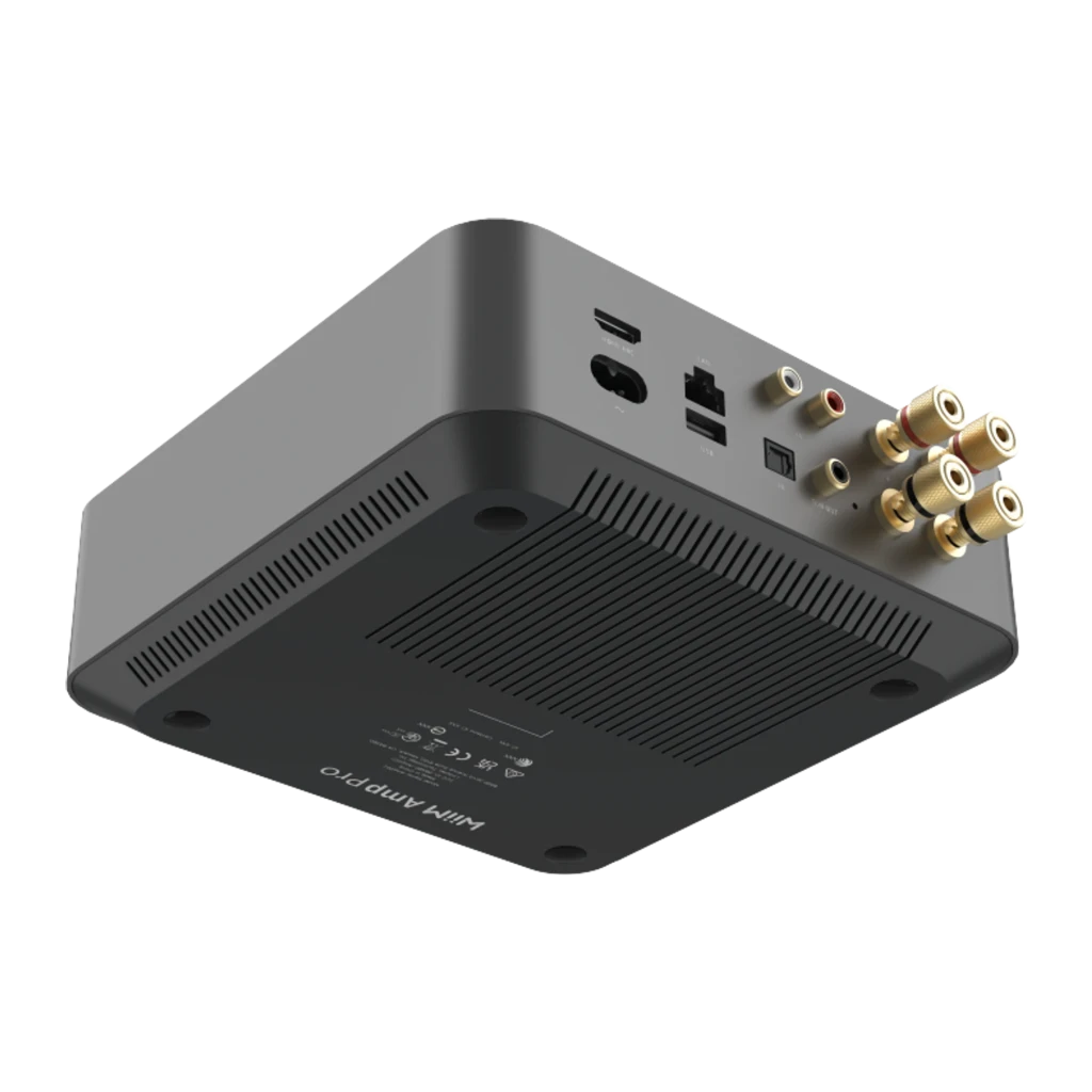 WiiM Amp Pro Multiroom Streaming Gris, vista trasera inferior: conectores RCA dorados, HDMI, óptico y rejilla de ventilación
