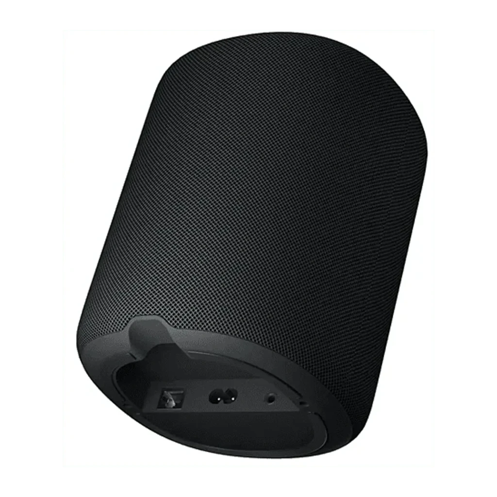 WiiM Sound Lite negro Pack 2, vista trasera inferior: rejilla textil, base con puertos de conexión visibles