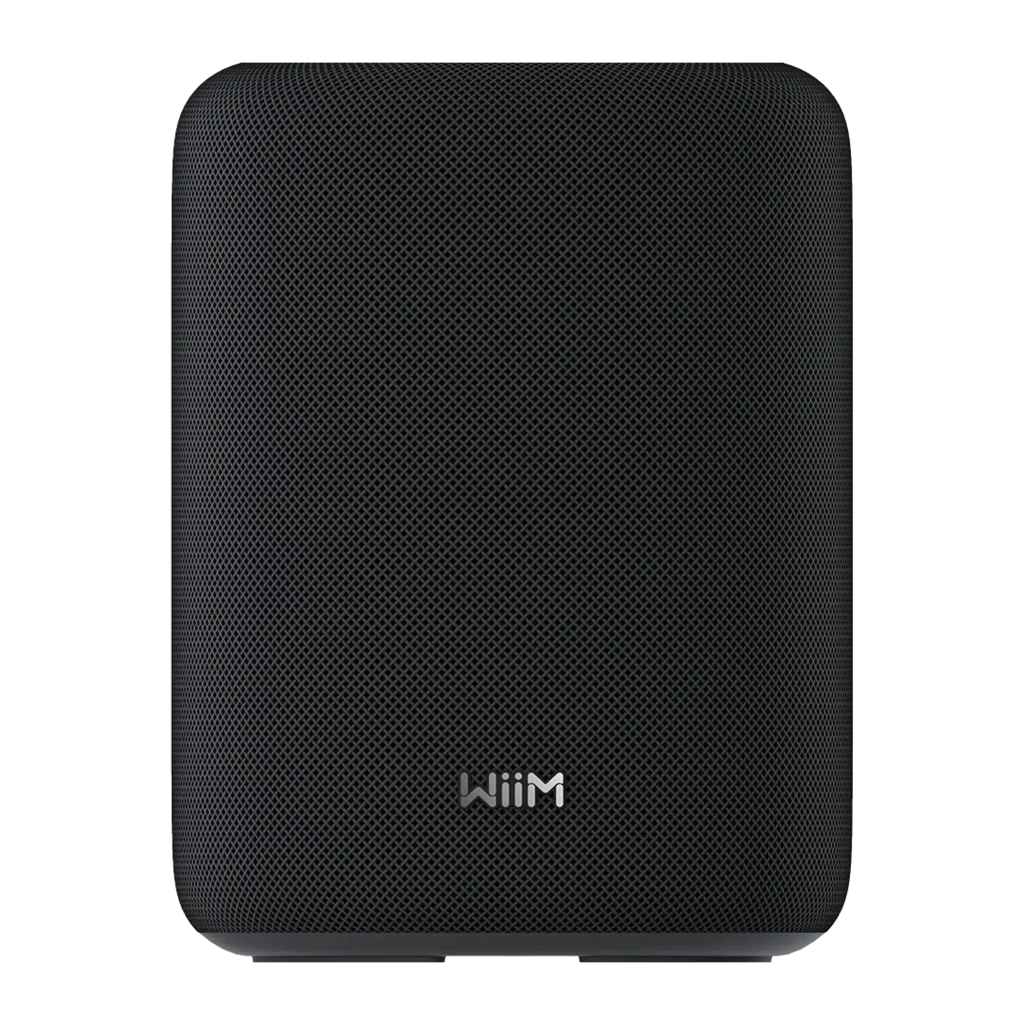 WiiM Sound Lite Twin Pack negro, vista frontal: rejilla textil negra con esquinas redondeadas y logo WiiM centrado