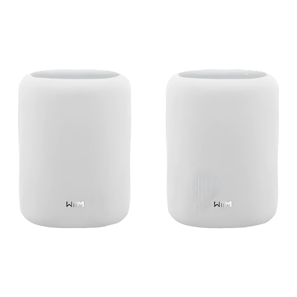 WiiM Sound Lite Twin Pack blanco, vista frontal: dos altavoces blancos cilíndricos con logo WiIM, rejilla lateral visible en
