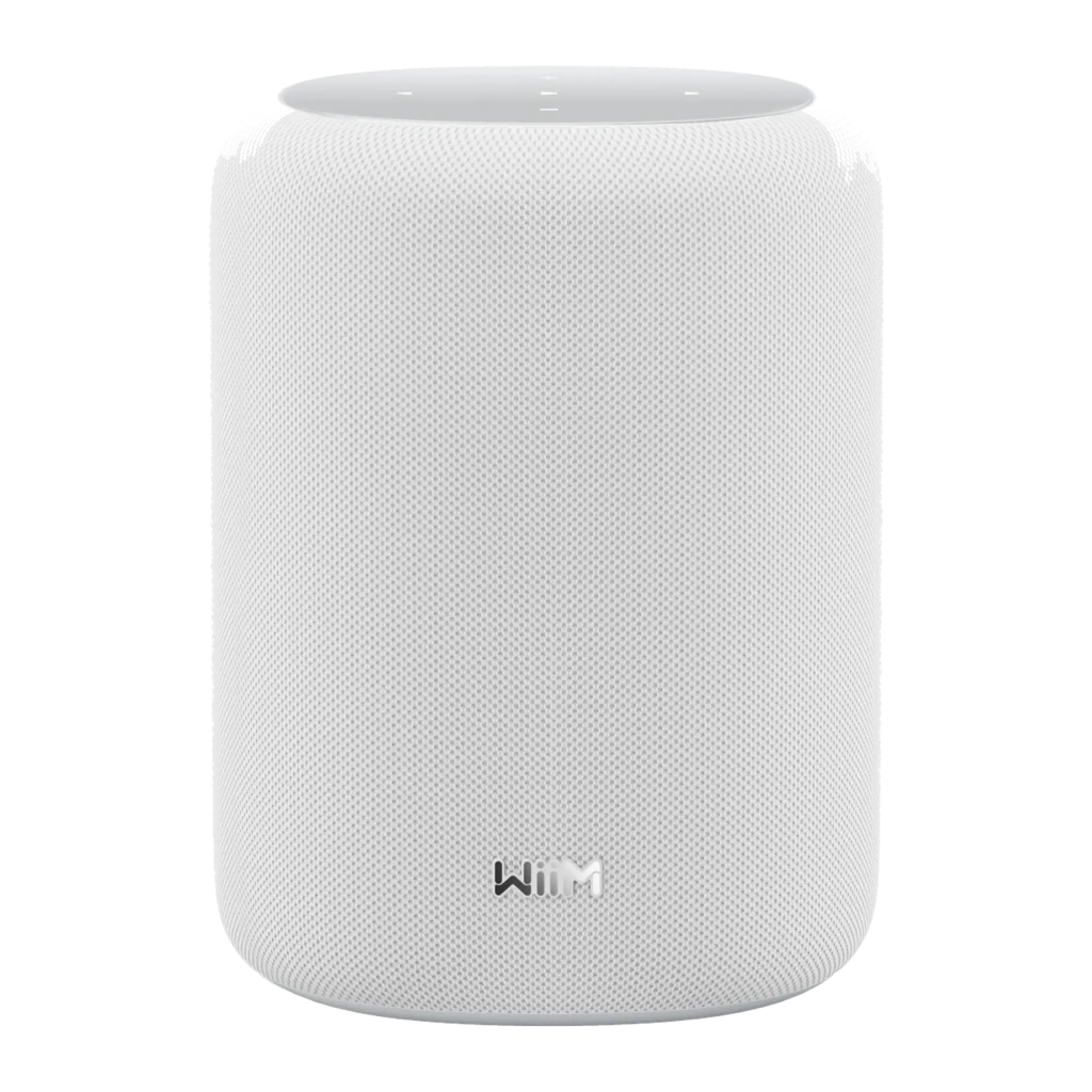 WiiM Sound Lite Twin Pack blanco, vista frontal: altavoz cilíndrico con rejilla textil, logo WiiM y panel superior blanco
