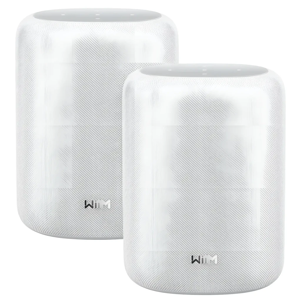 WiiM Sound Lite Twin Pack Blanco, vista frontal: dos altavoces blancos con rejilla textil y logo WiiM