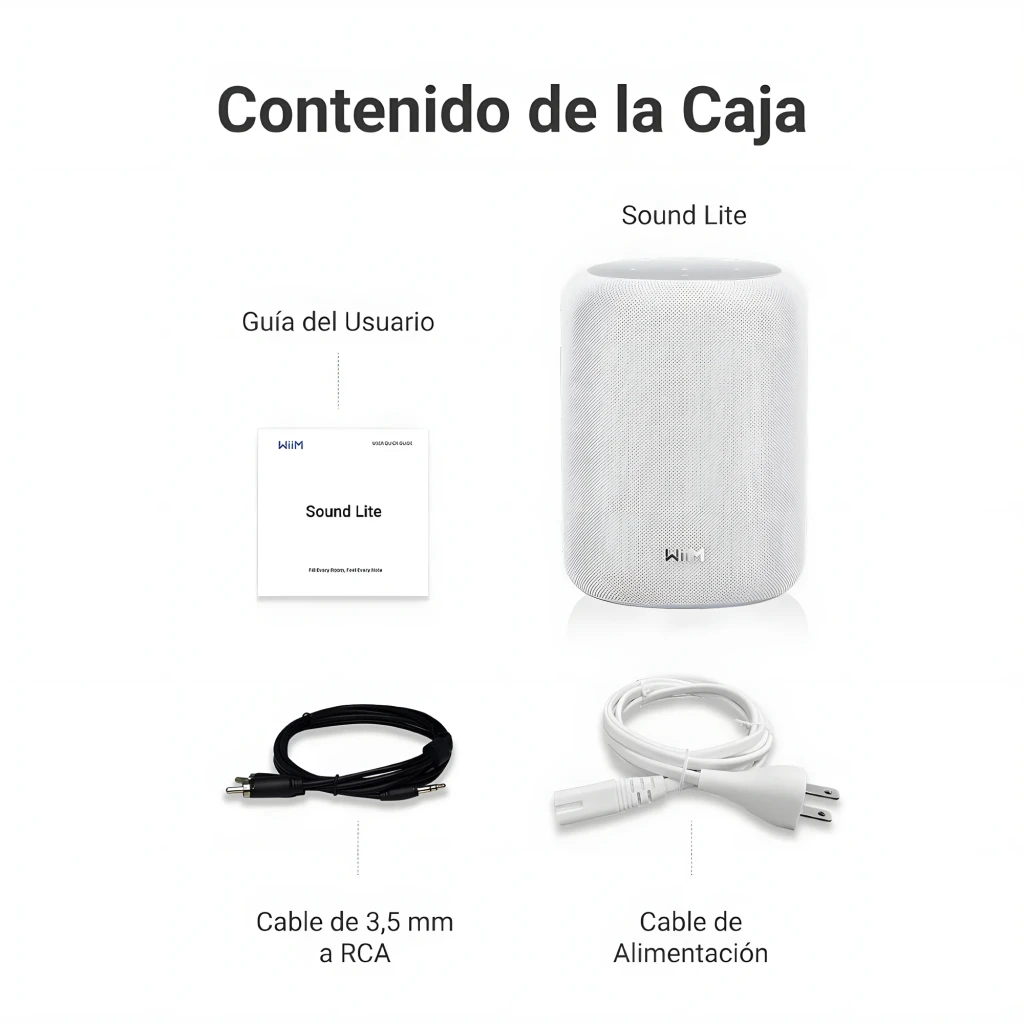 WiiM Sound Lite Twin Pack blanco, contenido de caja: altavoz, guía de usuario, cable 3,5 mm a RCA y cable de alimentación