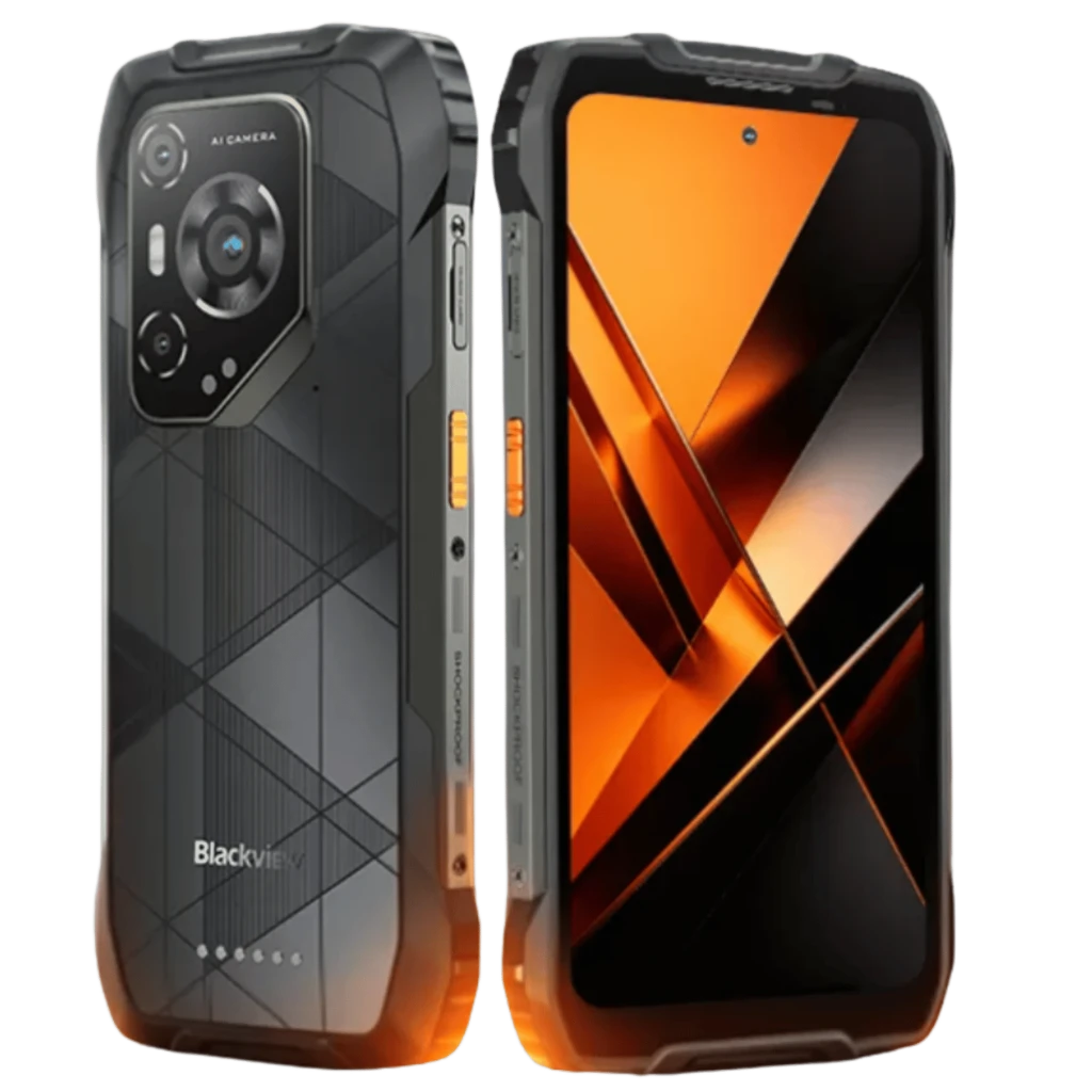 Blackview BL7000 Pro 5G naranja, diseño rugerizado con bordes reforzados, pantalla FHD+ 120Hz con biseles delgados, cámara trasera triple y acabado mate