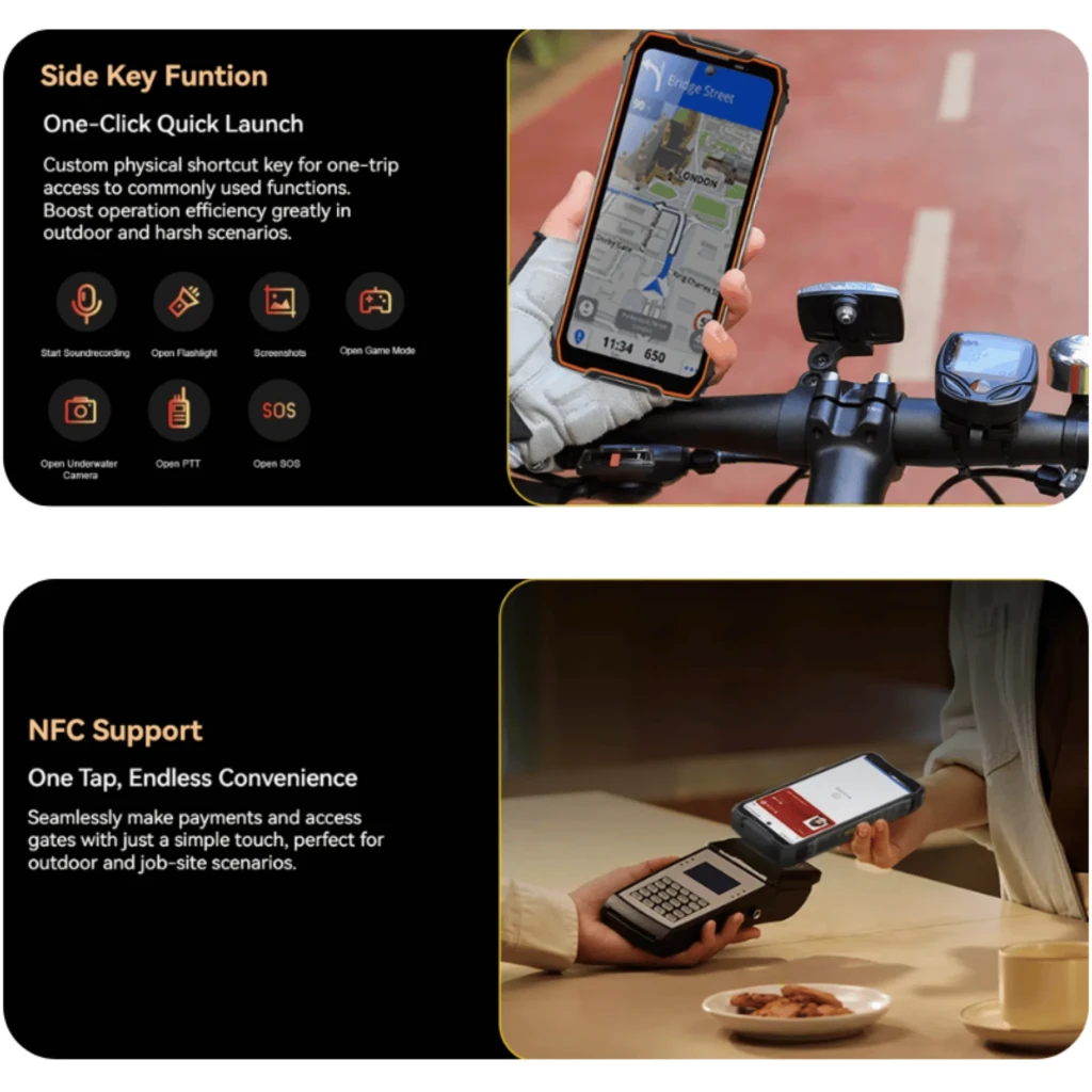 Blackview BL7000 Pro 5G naranja resistente con tecla lateral de acceso rápido, pantalla FHD+ 120Hz y NFC para pagos; ideal para exteriores y trabajo