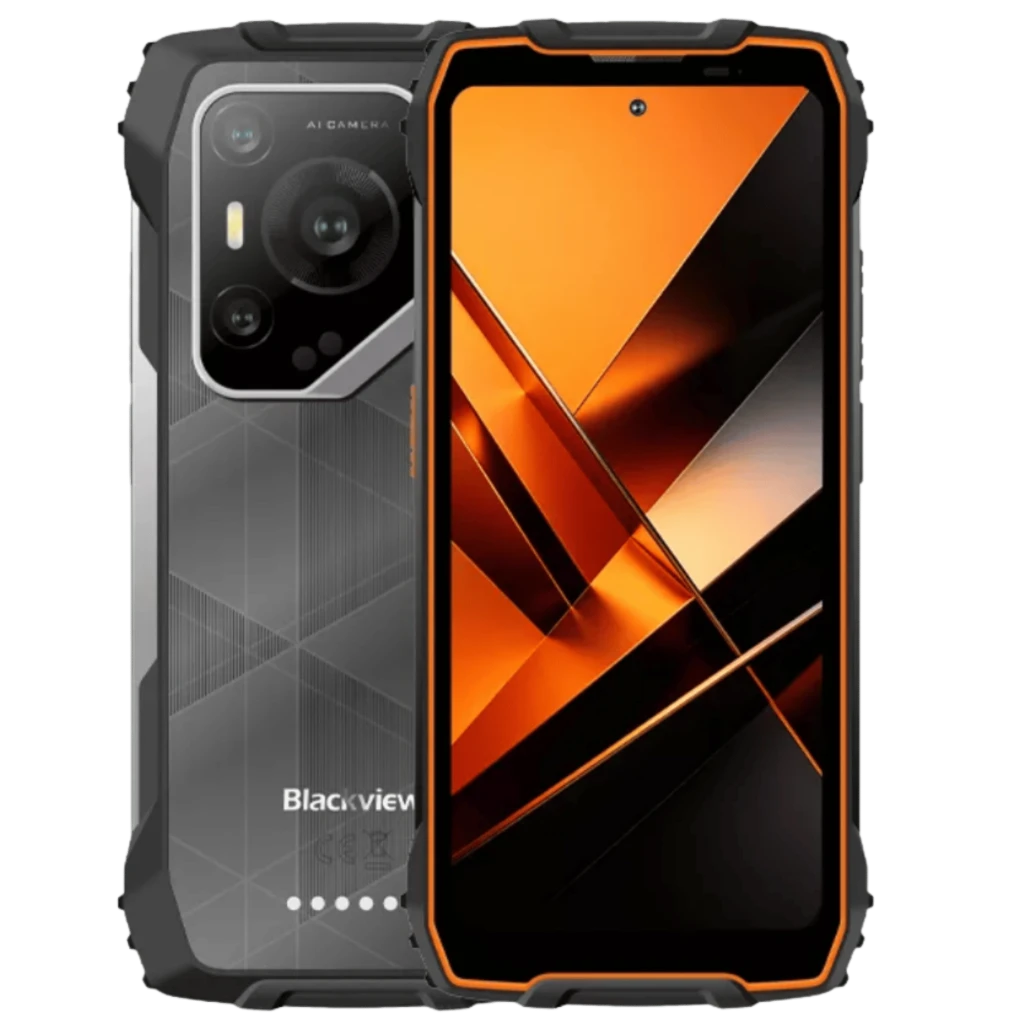 Blackview BL7000 Pro 5G naranja con marco reforzado, pantalla FHD+ 120Hz, cuerpo rugerizado con esquinas protegidas, módulo de cámaras triple y diseño