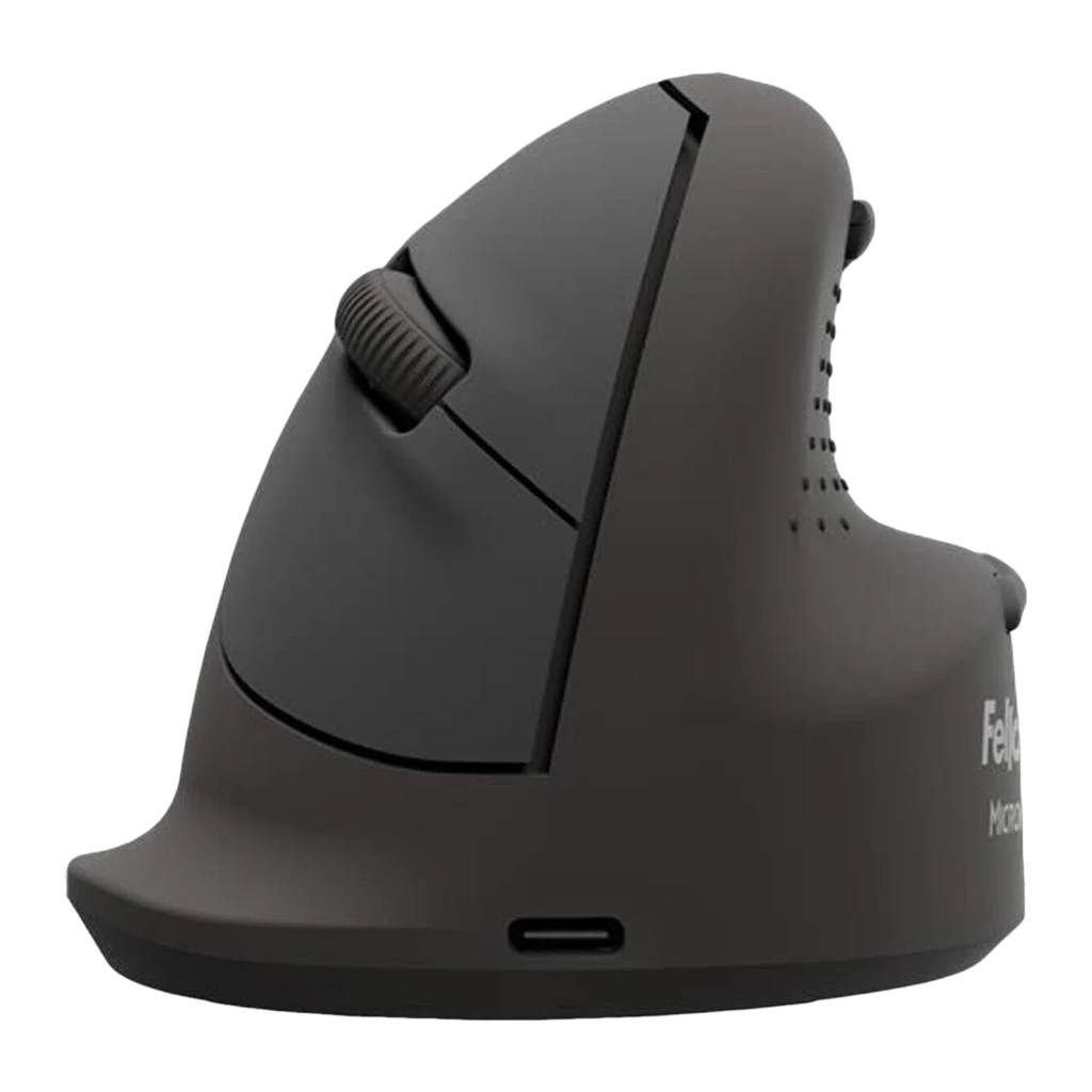 Fellowes Breyta Plus+ talla L zurdo negro, vista lateral: rueda de desplazamiento, botones laterales y puerto USB-C en la