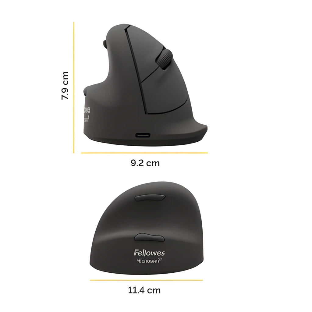 Fellowes Breyta Plus+ talla L zurdo negro, dimensiones: vista lateral 7,9x9,2 cm y vista trasera 11,4 cm con logo Microban