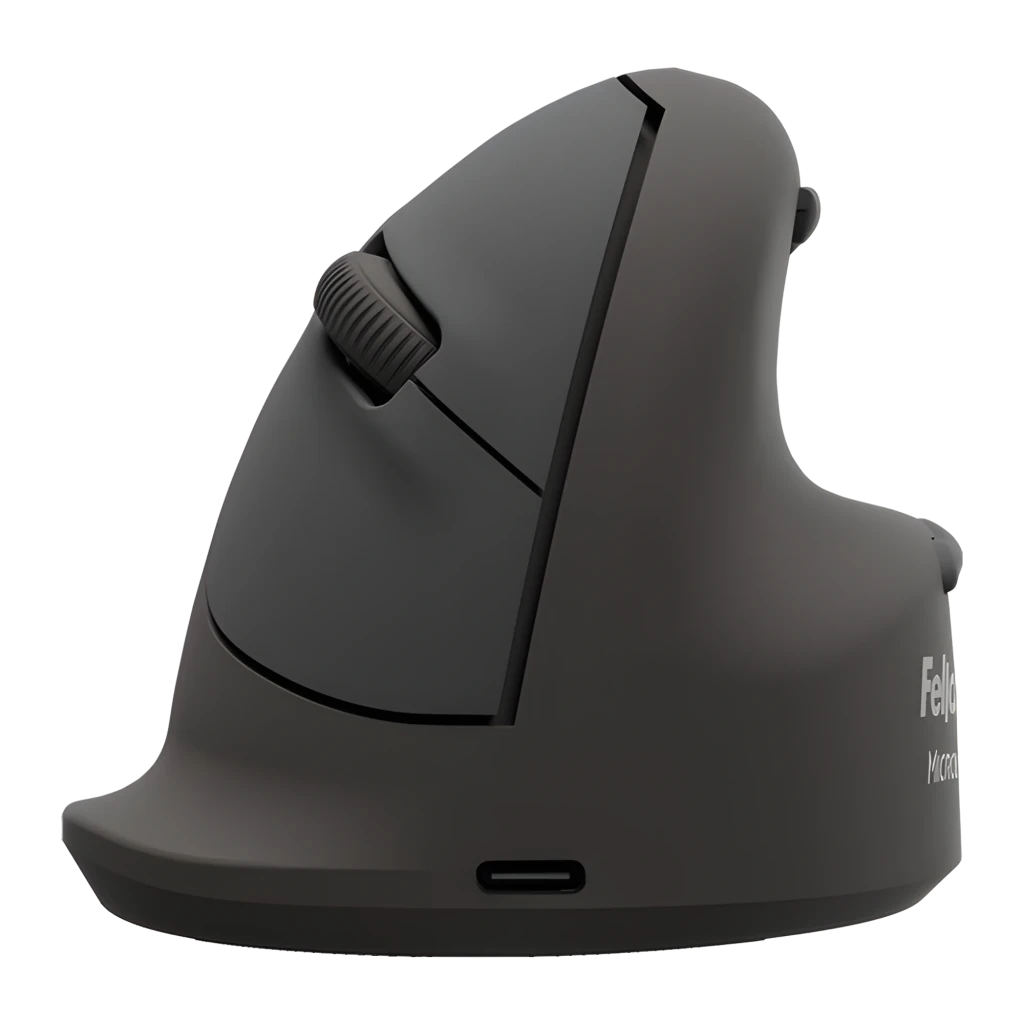Fellowes Breyta Plus+ talla L zurdo negro, lateral: rueda de desplazamiento, botones y puerto USB-C en la base