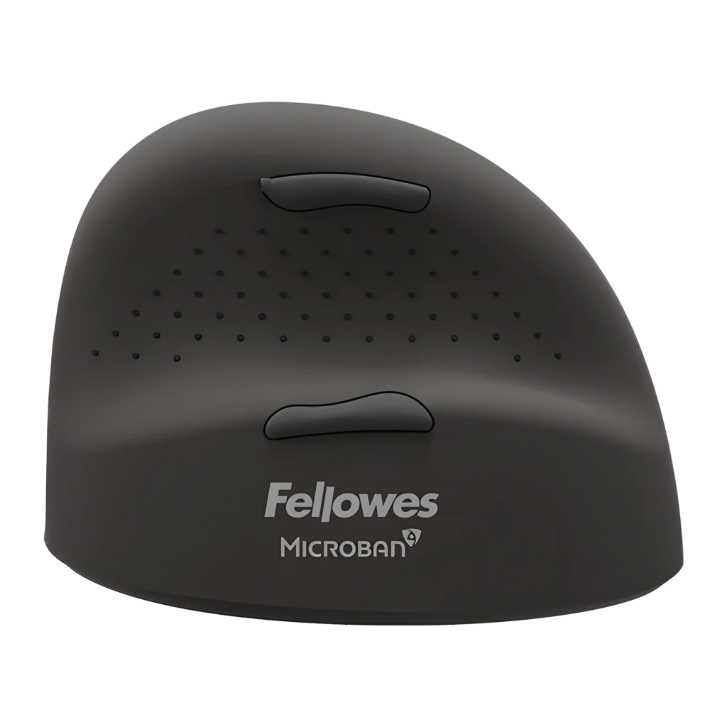 Fellowes Breyta Plus+ talla L zurdo negro, vista superior: botones, zona texturizada y logo Fellowes Microban