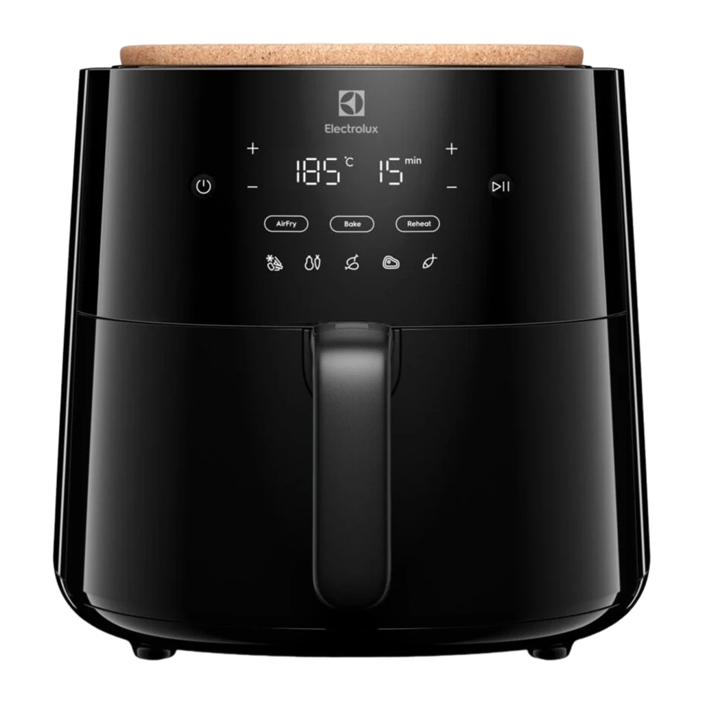 Electrolux Friteuse à air EAF5B 5L 1500W noir, vue de face: panneau tactile LED avec modes AirFry Bake Reheat et couvercle