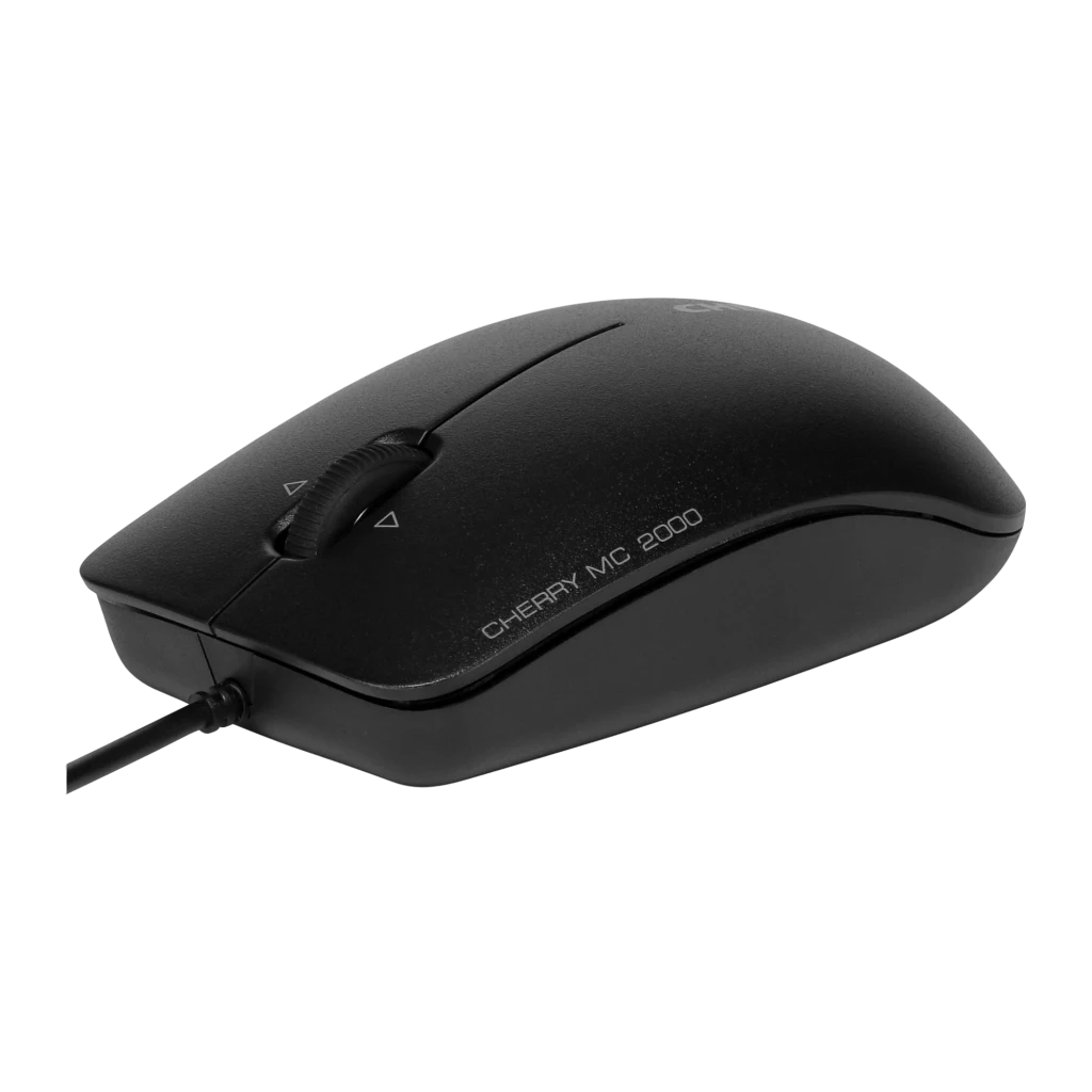 Cherry Ratón MC 2000 negro, vista lateral derecha: perfil alto, cable USB y grabado del modelo en la base