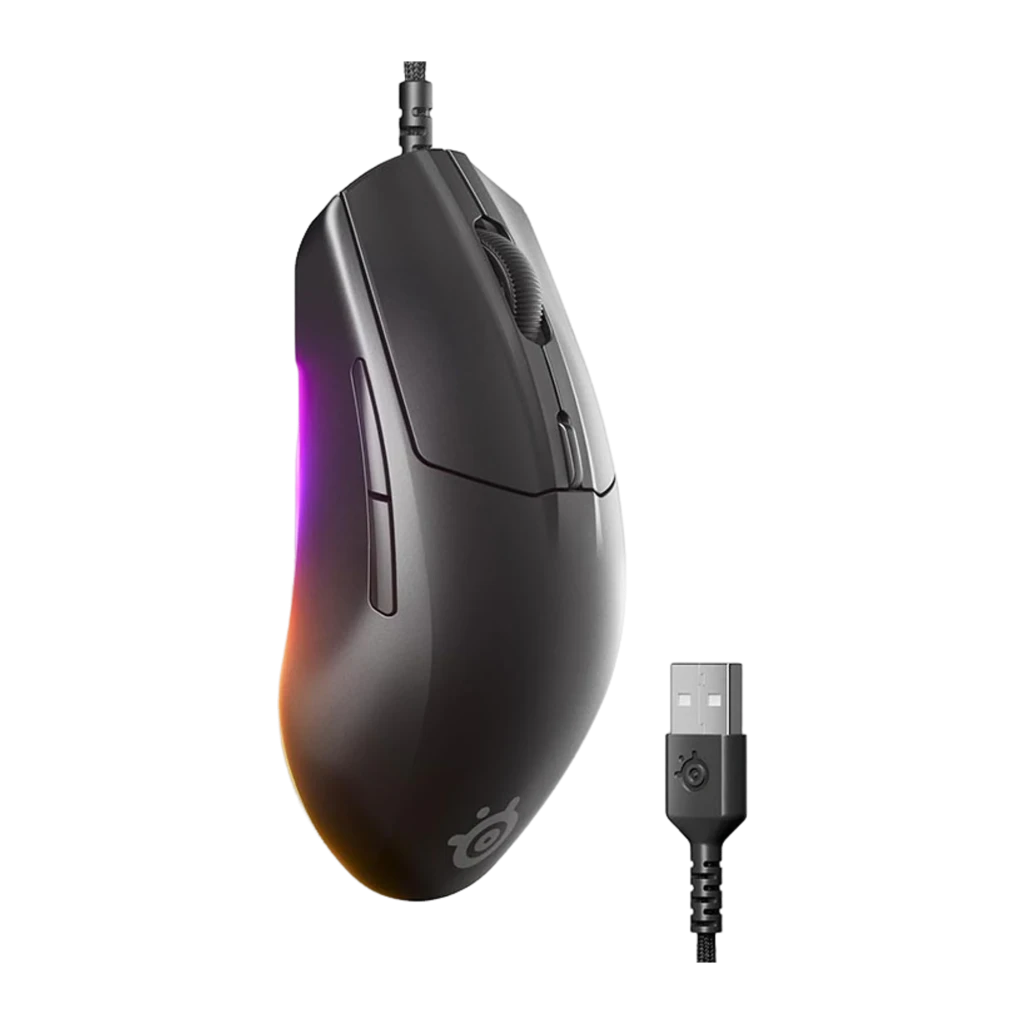 SteelSeries Rival 3 Gen 2 negro, kit lateral izquierda: ratón con RGB violeta y naranja junto a conector USB trenzado