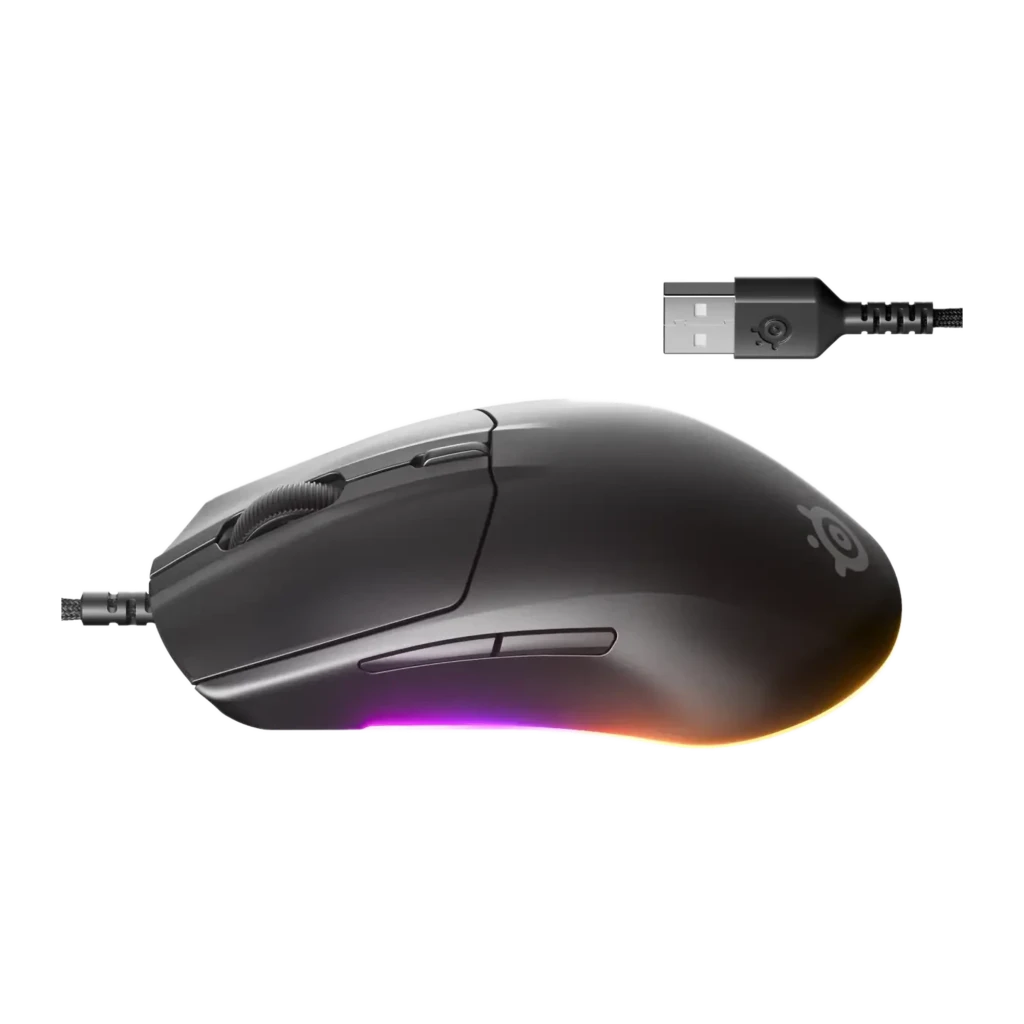 SteelSeries Rival 3 Gen 2 negro, kit vista lateral derecha: botones laterales visibles, RGB en base y conector USB en esquina