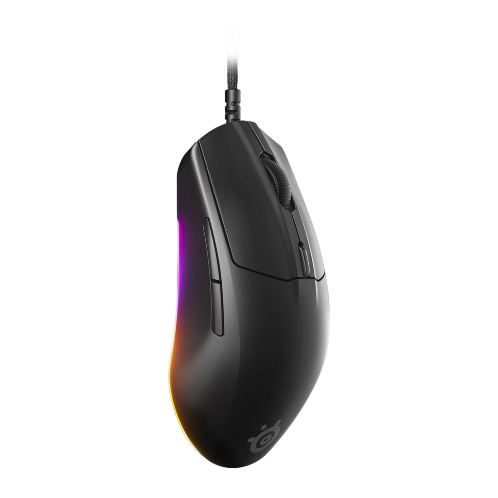 SteelSeries Rival 3 Gen 2 negro, vista lateral izquierda: iluminación RGB violeta y naranja en la base, logo SteelSeries