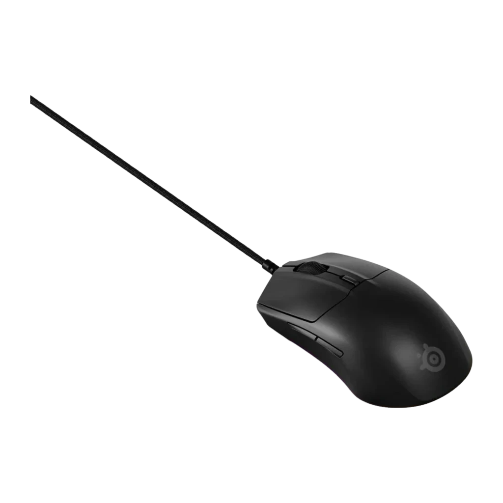 SteelSeries Rival 3 Gen 2 negro, vista superior en ángulo: cable trenzado, perfil completo sin iluminación RGB activa
