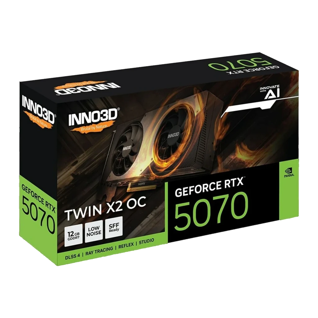 Inno3D GeForce RTX 5070 Twin X2 OC negra, caja: packaging en perspectiva con logo, doble ventilador y especificaciones 12GB