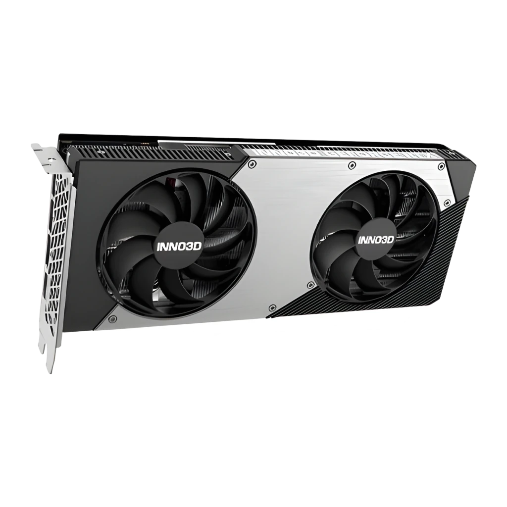 Inno3D GeForce RTX 5070 Twin X2 OC negra, vista frontal en ángulo: dos ventiladores con logo INNO3D y carcasa plateada