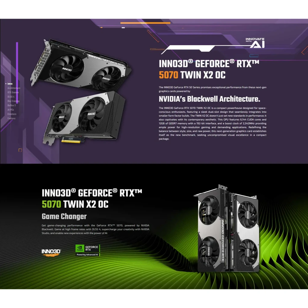 Inno3D GeForce RTX 5070 Twin X2 OC negra, infografía: dos vistas de la tarjeta con especificaciones y arquitectura Blackwell
