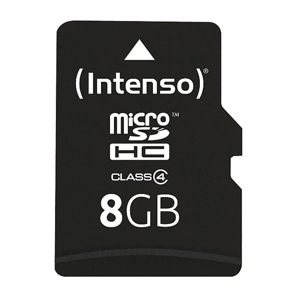 Intenso MicroSDHC 8GB Class 4 negro, vista frontal: logotipo Intenso, icono microSDHC y capacidad 8GB visibles