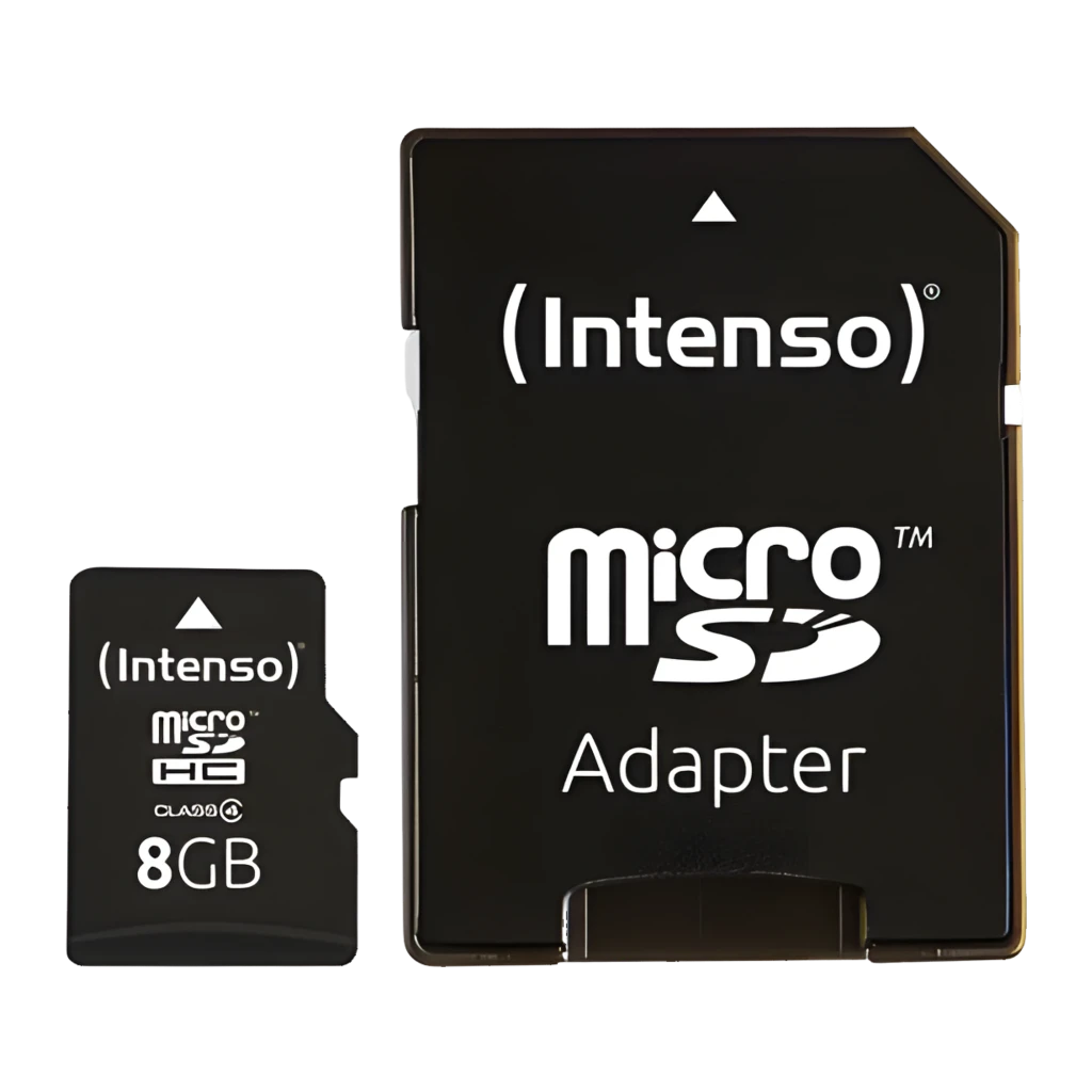 Intenso MicroSDHC 8GB Class 4 negro, vista frontal: tarjeta microSD y adaptador SD negros sobre fondo oscuro