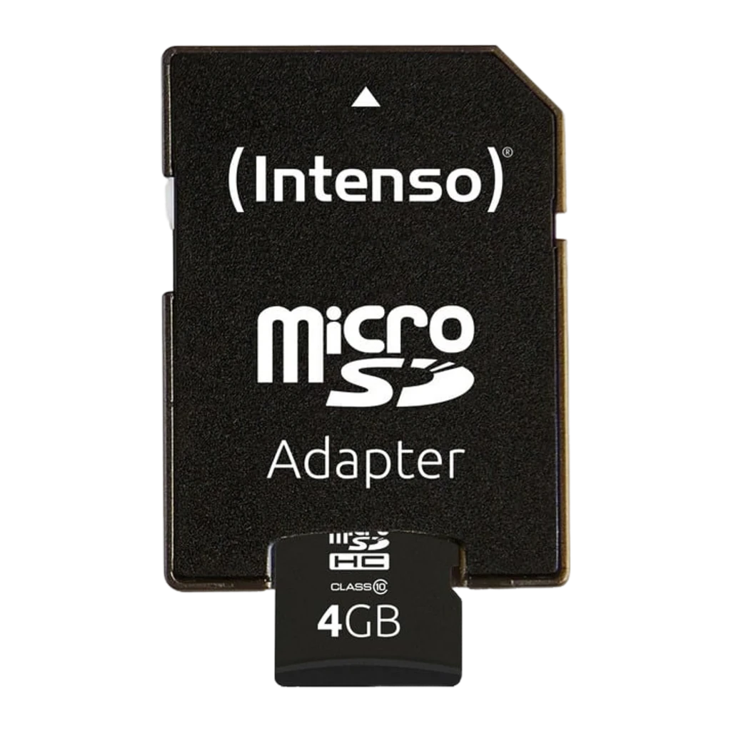 Intenso MicroSDHC 4GB Class 4 negro, vista con adaptador: tarjeta microSD insertada en adaptador SD negro