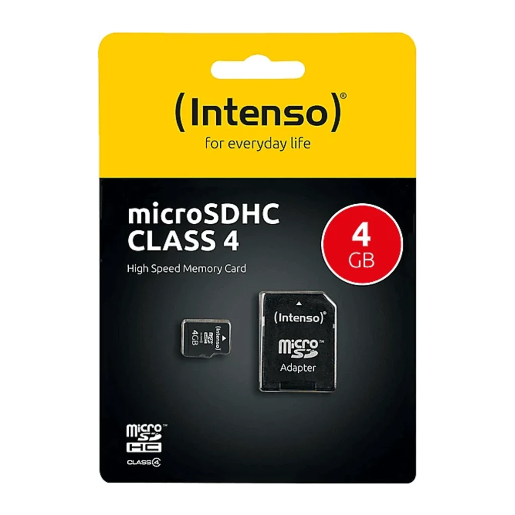 Intenso MicroSDHC 4GB Class 4 negro, packaging frontal: blíster amarillo y negro con tarjeta y adaptador SD visibles