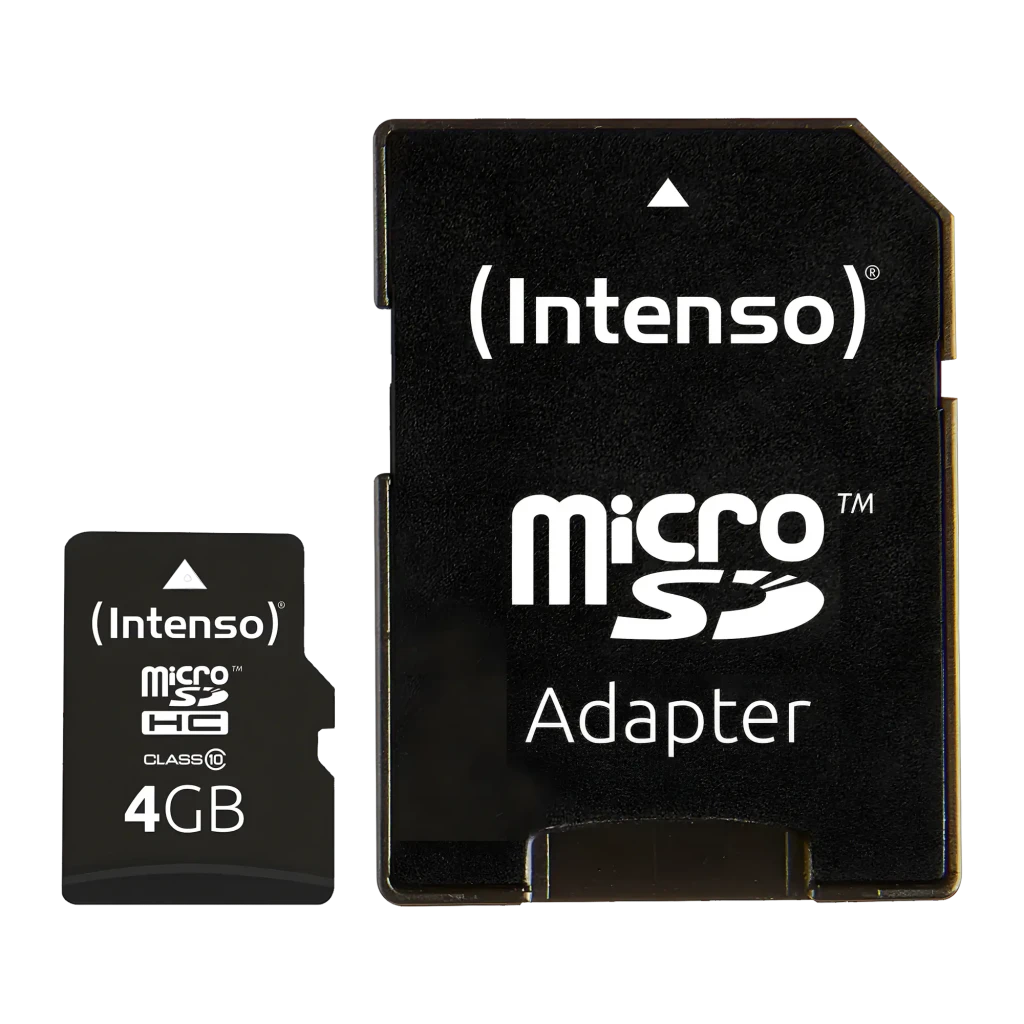 Intenso MicroSDHC 4GB Class 4 negro, frontal: tarjeta microSD y adaptador SD negros con logo Intenso visibles