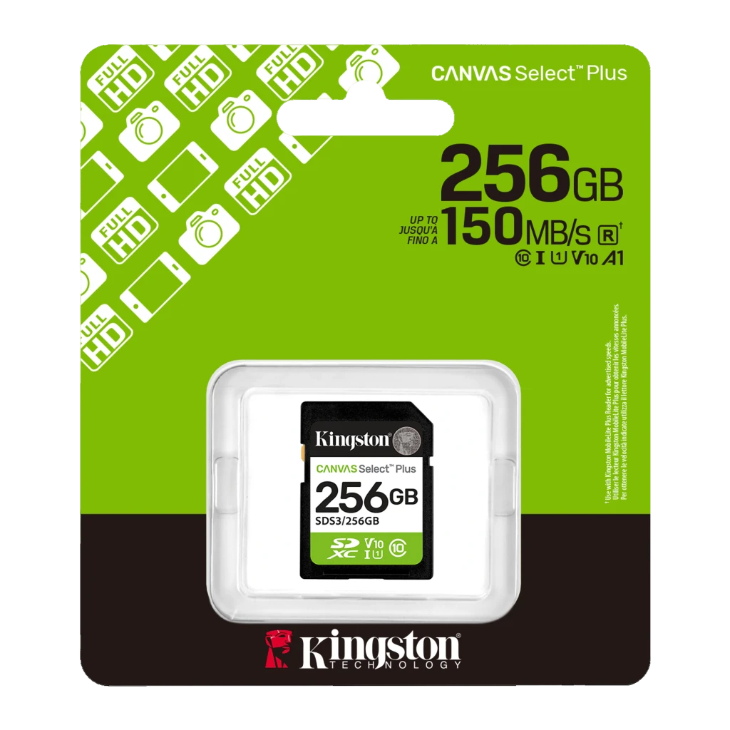Kingston Canvas Select Plus SDXC 256GB, packaging frontal: caja verde con tarjeta SD visible en blíster, 150MB/s U1 V10