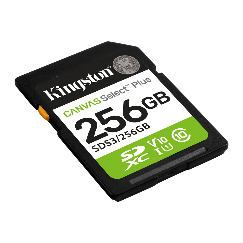 Kingston Canvas Select Plus SDXC 256GB verde negro blanco, vista en ángulo: perspectiva inclinada que muestra grosor y