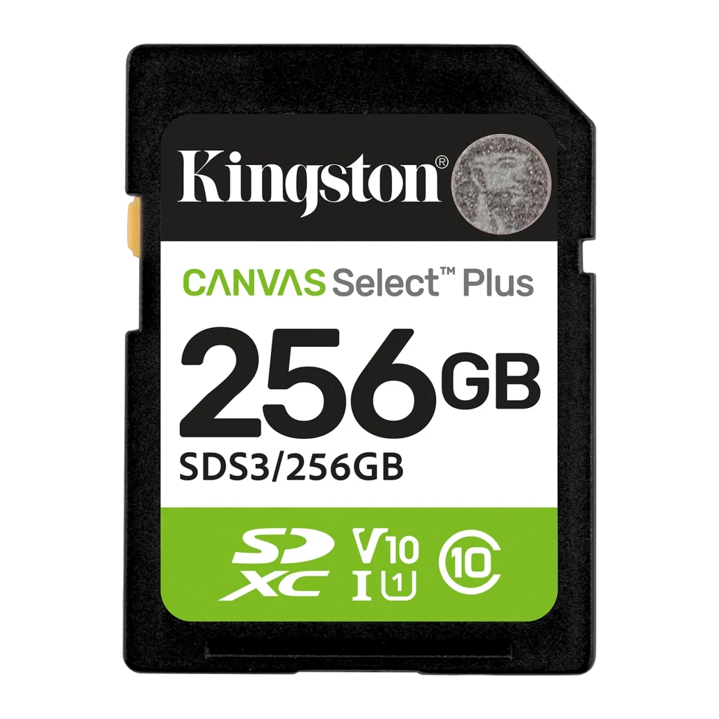 Kingston Canvas Select Plus SDXC 256GB verde negro blanco, vista frontal: etiqueta con logo, capacidad 256GB y
