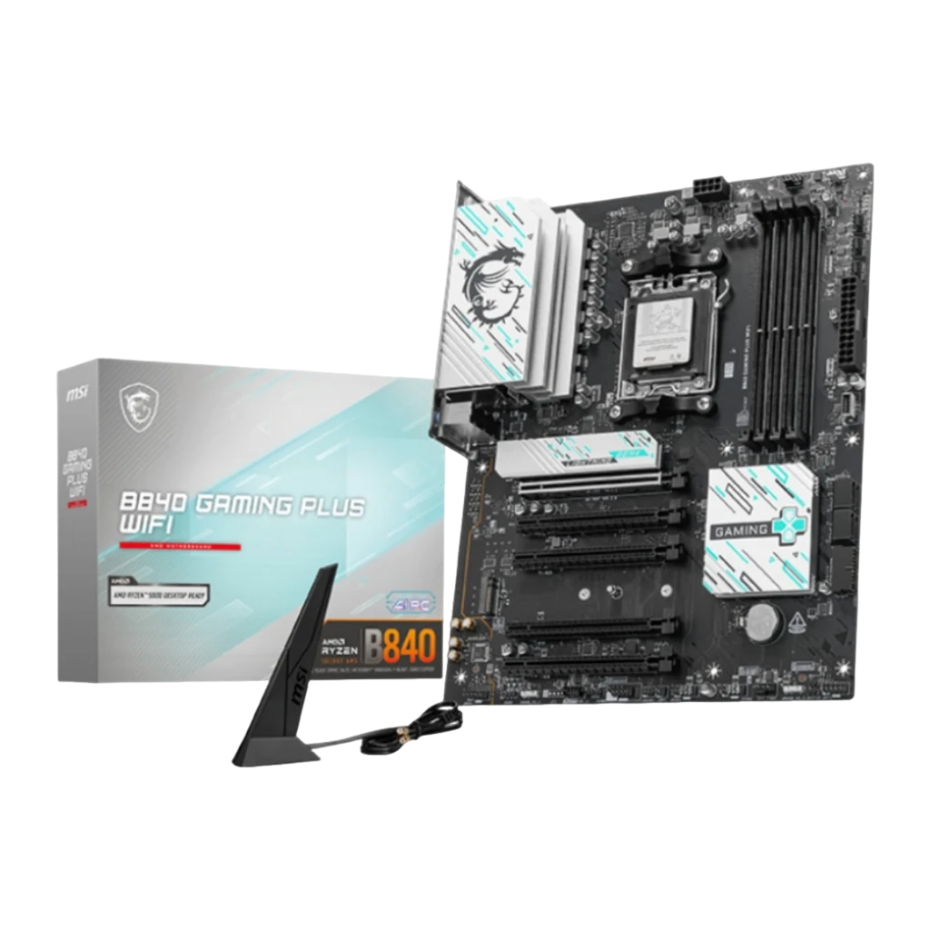 MSI B840 Gaming Plus WiFi negro/plateado, kit vista frontal: placa base, caja y antena WiFi en ángulo más cerrado que imagen