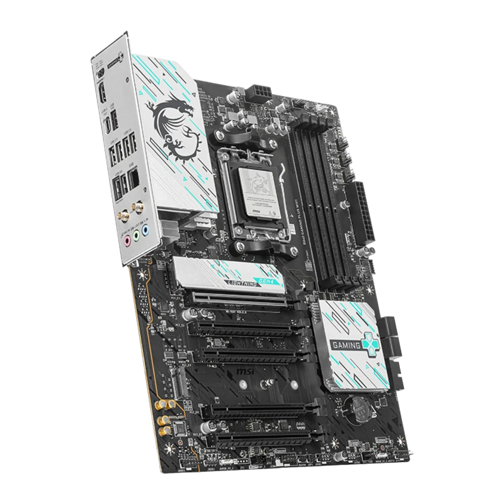 MSI B840 Gaming Plus WiFi negro/plateado, ángulo lateral izquierdo: panel trasero I/O con puertos y conectores de audio