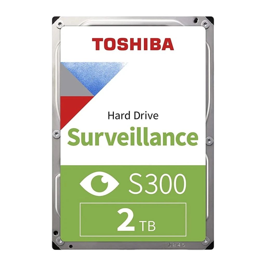 Toshiba S300 Surveillance 2TB, vista frontal: etiqueta con logo, banda verde S300 e icono de ojo