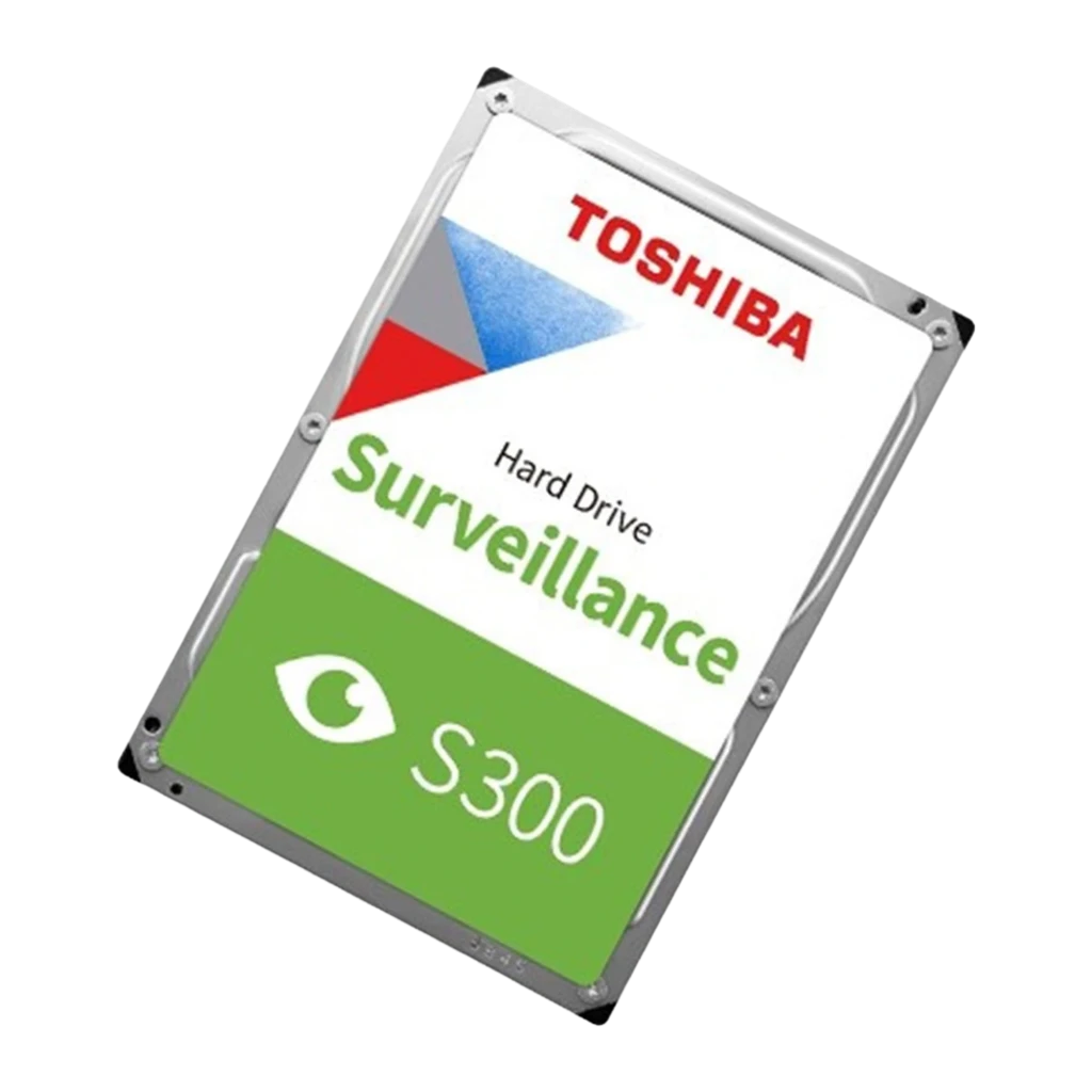 Toshiba S300 Surveillance 2TB, vue en angle diagonal: boîtier argenté 3,5" et étiquette inclinée