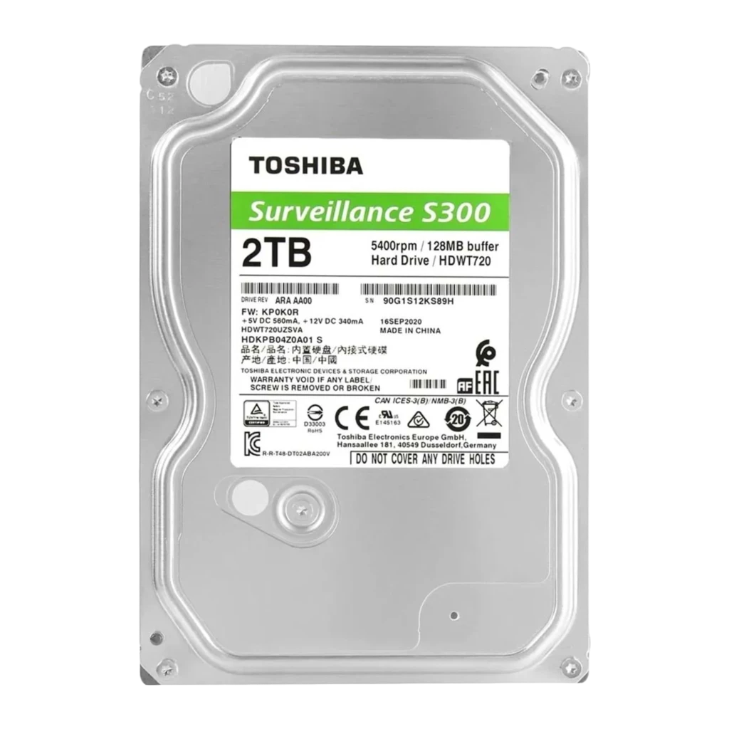 Toshiba S300 Surveillance 2TB, vue arrière: étiquette technique avec spécifications, 5400rpm et 128MB buffer