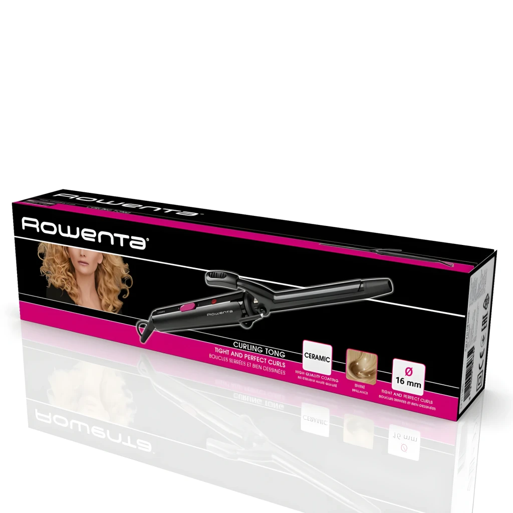 Rowenta CF2119 Express Style Negro, caja: packaging negro y rosa con rizador cerámico 16 mm e iconos de características