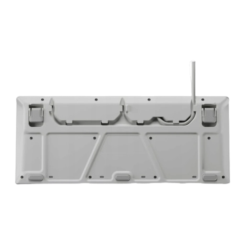SteelSeries Apex 3 TKL blanco, vista inferior con cable: base y cable USB blanco visible en esquina derecha