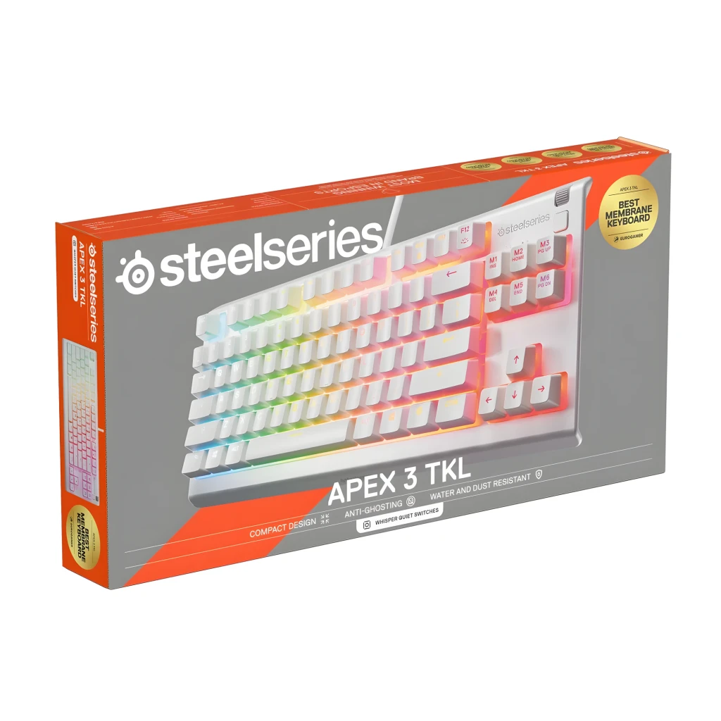 SteelSeries Apex 3 TKL blanco, caja: packaging en ángulo con teclado RGB visible y sello Best Membrane Keyboard