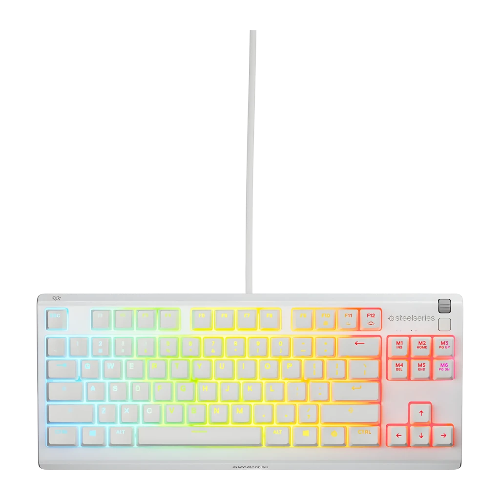 SteelSeries Apex 3 TKL blanco, vista superior: teclado compacto con iluminación RGB arcoíris y cable blanco