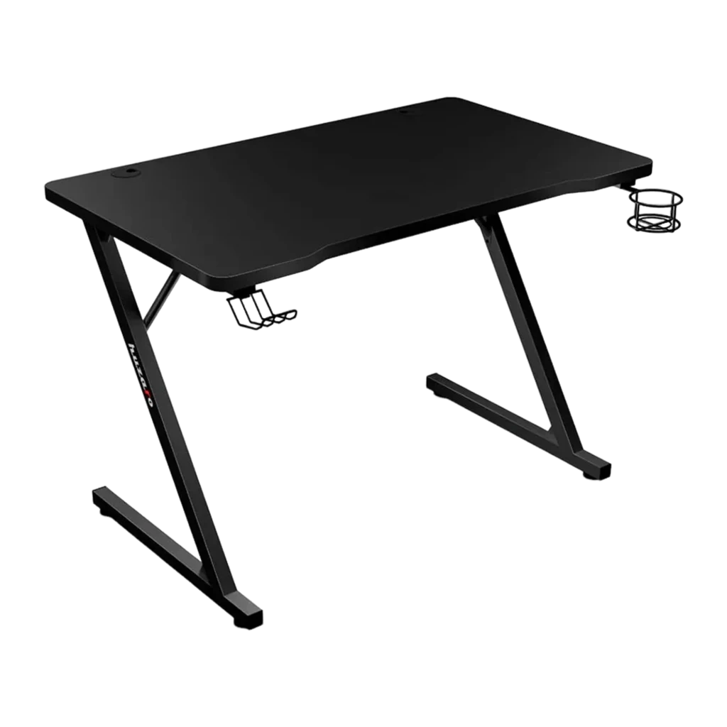 Huzaro Mesa gaming Hero 1.8 Negro, vista en ángulo: estructura Z metálica, logo Huzaro en pata y portavasos en esquina