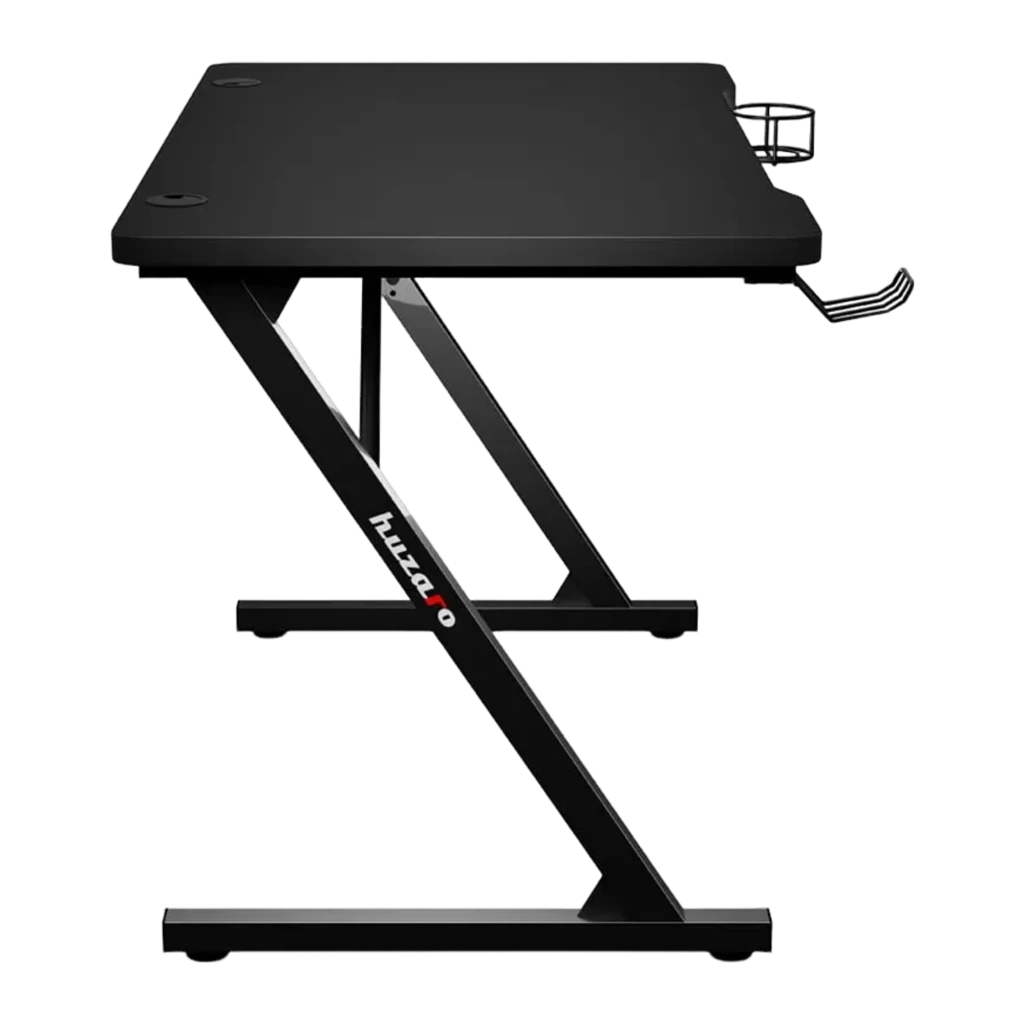 Huzaro Mesa gaming Hero 1.8 Negro, vista lateral: pata Z con logo Huzaro, portavasos y gancho para auriculares visibles