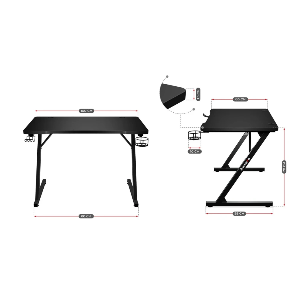 Huzaro Mesa gaming Hero 1.8 Negro, diagrama de dimensiones: vistas frontal y lateral con medidas en cm