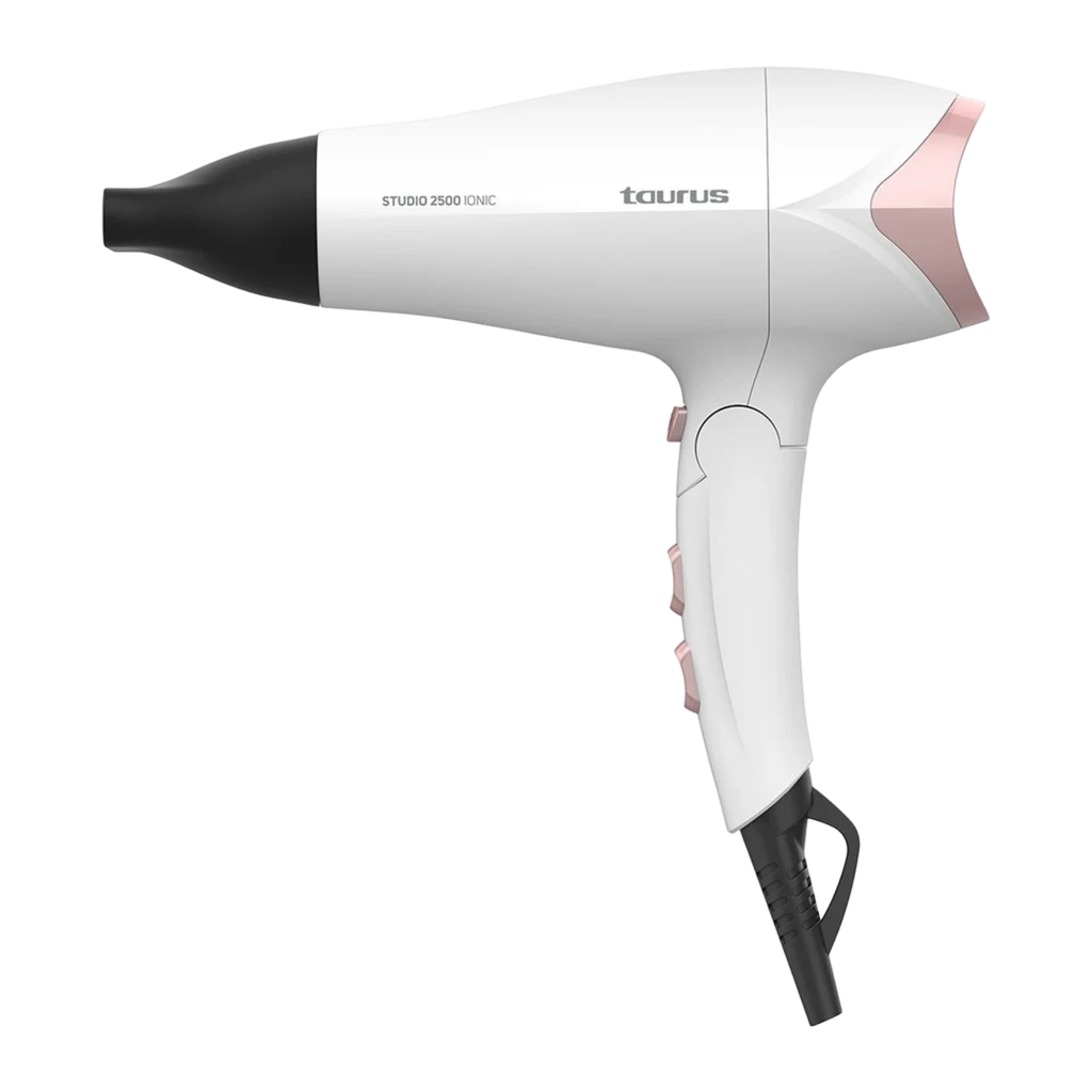 Taurus Secador Studio 2500 Ionic Blanco, vista lateral: cuerpo blanco con detalles rosa dorado, boquilla negra y botones